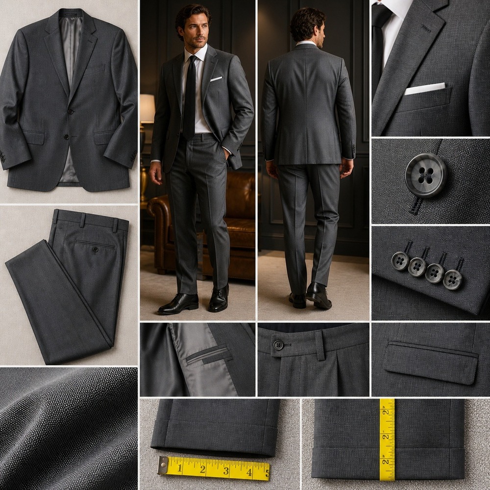 Geoffrey Beene Suit Mens 46R 38W Grey Two Button Formal Business